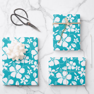 FEUILLE DE PAPIER CADEAU HAWAIIAN HULA (HIBISCUS) TURQUOISE