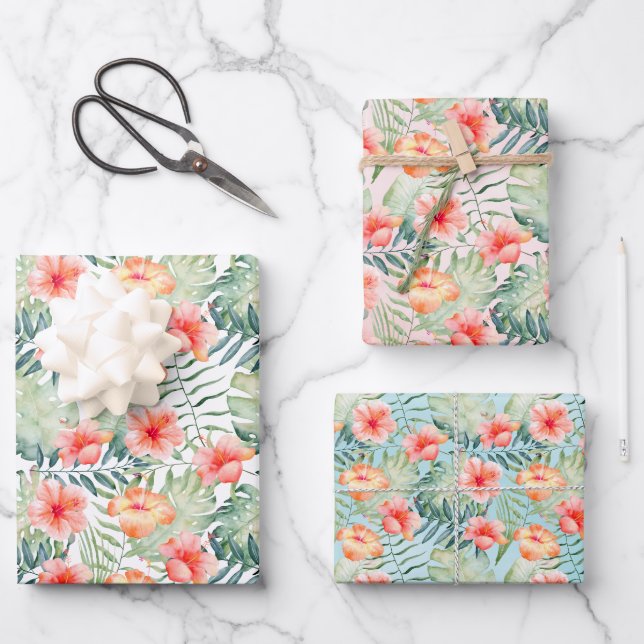 Feuille De Papier Cadeau Hibiscus floral de Peach rose tropical   (Recto)