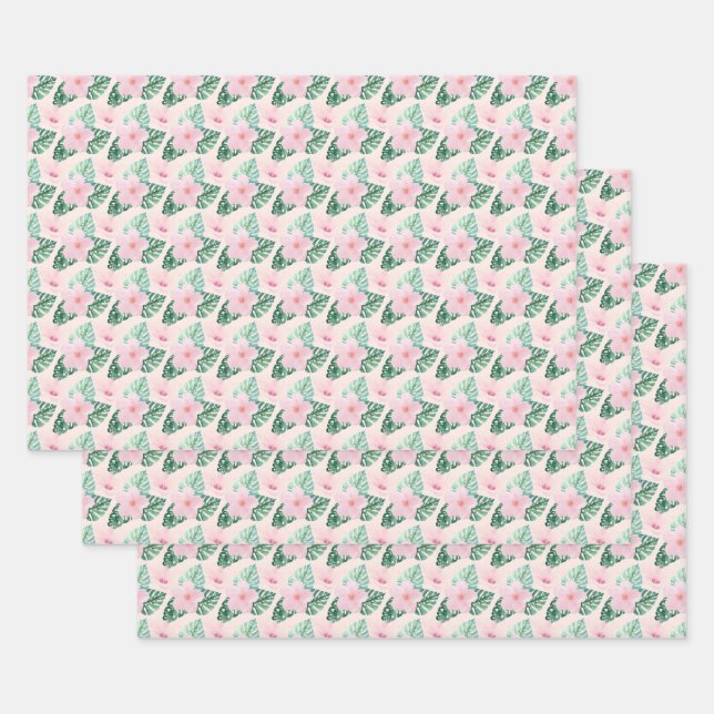 Feuille De Papier Cadeau Hibiscus hawaïen fleurs sur rose (Lot)