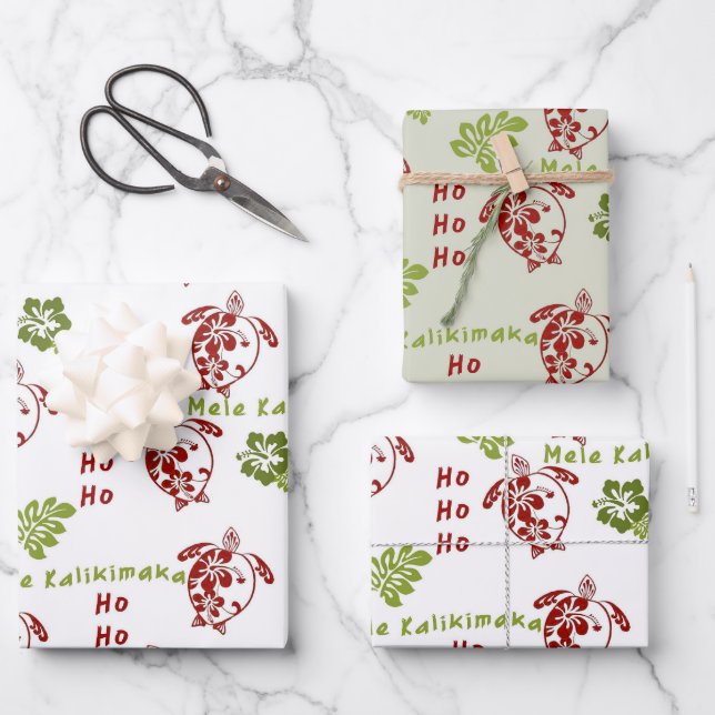 Feuille De Papier Cadeau Hibiscus Honu Mele Kalikimaka Enveloppement Cadeau (Recto)