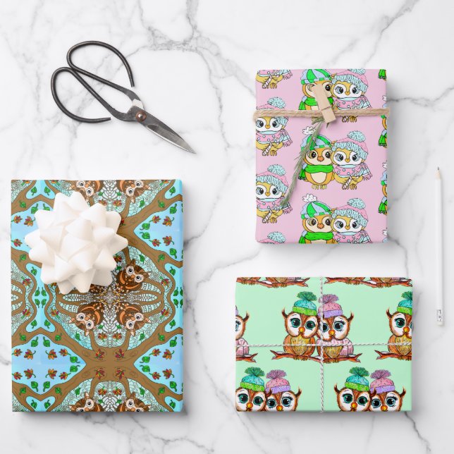Feuille De Papier Cadeau Hibou à thème Anniversaire et Noël (Recto)