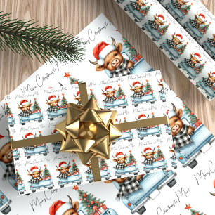 Feuille De Papier Cadeau Highland Cow Vintage Blue Truck Joyeux Noël