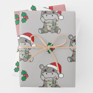 Feuille De Papier Cadeau Hippo Noël Animaux d'hiver Vacances Hippopotames