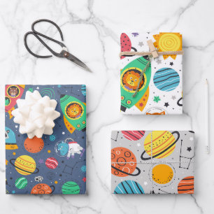 Feuille De Papier Cadeau Hippo Spatial Et Motif Planète Lion
