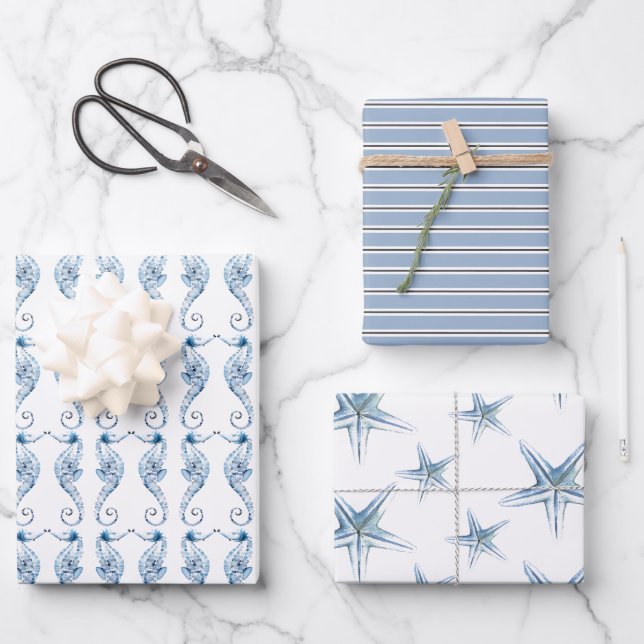 Feuille De Papier Cadeau Hippocampe côtier et Starfish (Recto)