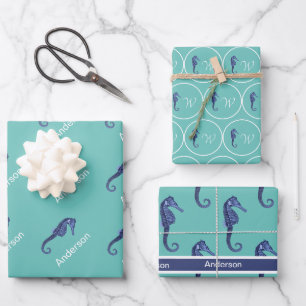 Feuille De Papier Cadeau Hippocampe nautique personnalisé Monogramme turquo
