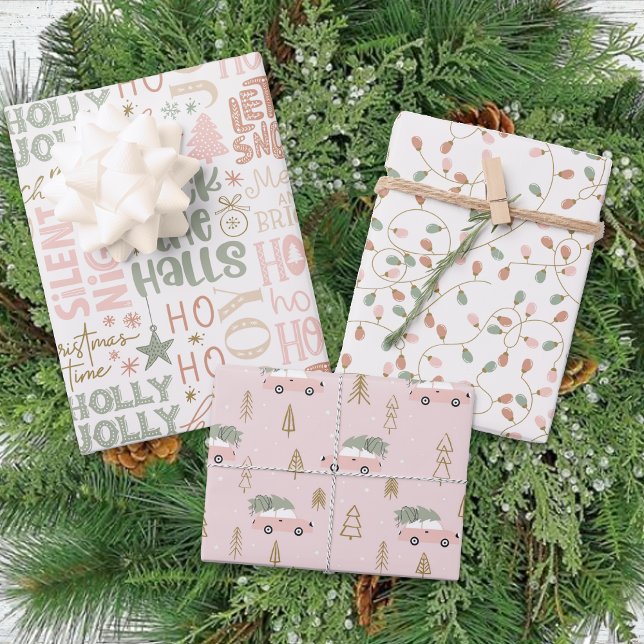 Feuille De Papier Cadeau Hiver Amusement Rose Vert Pastel Holly Jolly Noël (Créateur téléchargé)