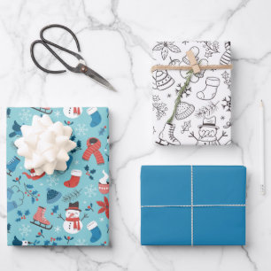 Feuille De Papier Cadeau Hiver Festif Mignon Dessin Coloré Noir Blanc