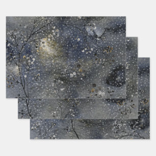 Feuille De Papier Cadeau Hiver Nuit Ciel Silver Snowfall