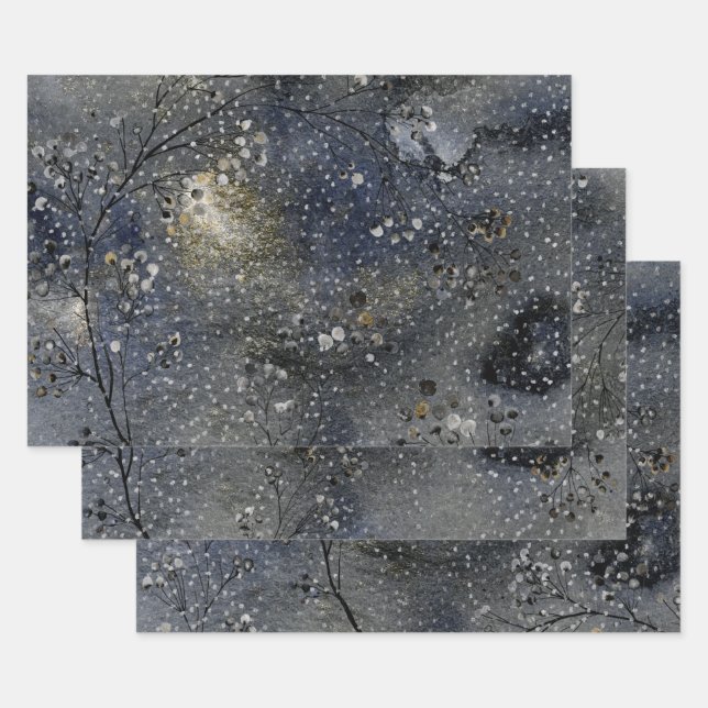 Feuille De Papier Cadeau Hiver Nuit Ciel Silver Snowfall (Lot)
