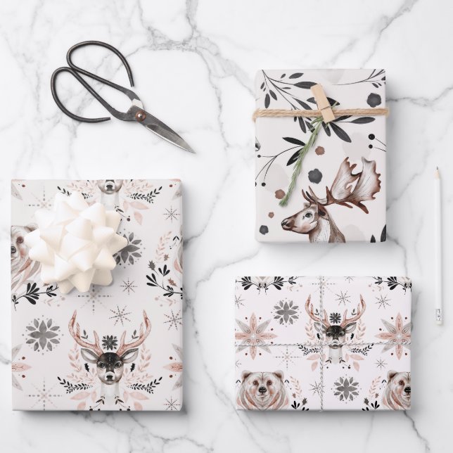Feuille De Papier Cadeau Hivernal Bois Deer Aquarelle botanique moderne (Recto)