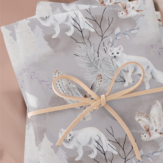 Feuille De Papier Cadeau Hivernal ou Noël Chouette renard boisé Élégante (Winter or Christmas Woodland Fox and Owl Elegant Wrapping Paper Sheets)