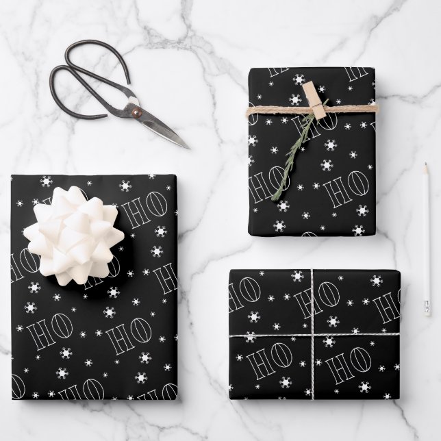 Feuille De Papier Cadeau Ho Ho Ho noir moderne (Recto)