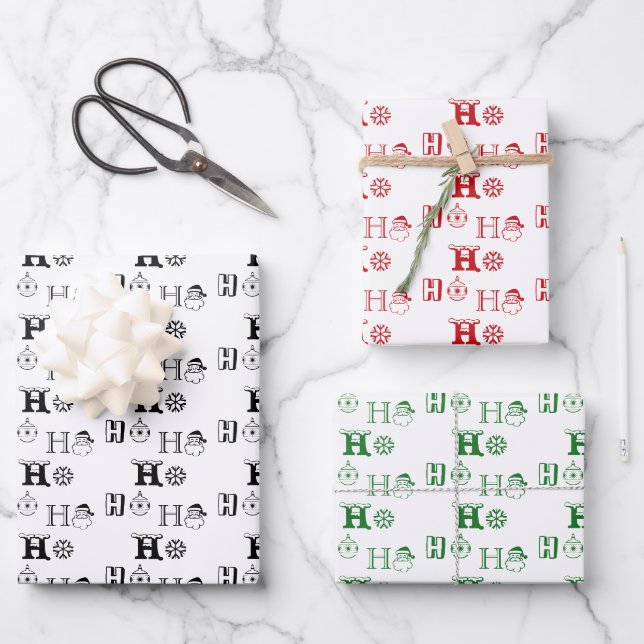 Feuille De Papier Cadeau Ho Ho Ho rouge vert blanc noir (Recto)