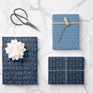 Feuille De Papier Cadeau Holiday peace love joy type bleu Noël
