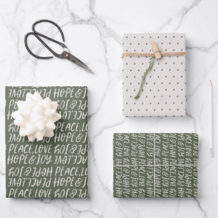 Feuille De Papier Cadeau Holiday peace love joy type vert Noël