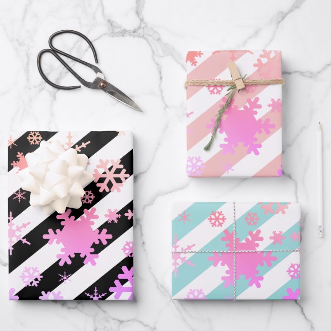 Feuille De Papier Cadeau Holographique Noël Snowflake Motif rayé (Recto)