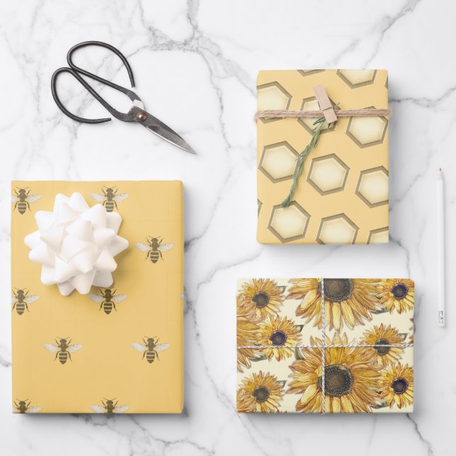 Feuille De Papier Cadeau Honey Bee Honeycomb Sunflower Beekeeper Cadeau (Recto)