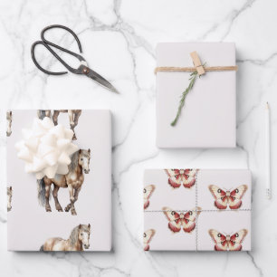 Feuille De Papier Cadeau Horse Burgundy Crème Papillons Anniversaire