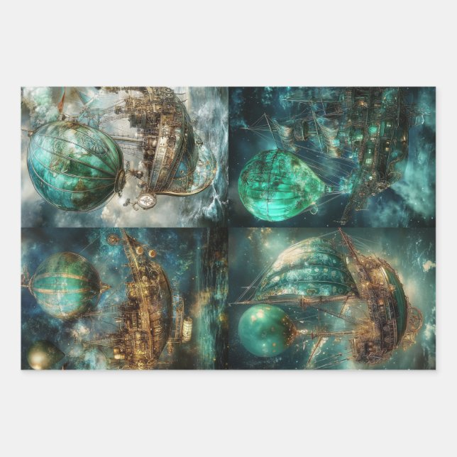 Feuille De Papier Cadeau Hot Air Balloon Designs & Steampunk  (Devant)