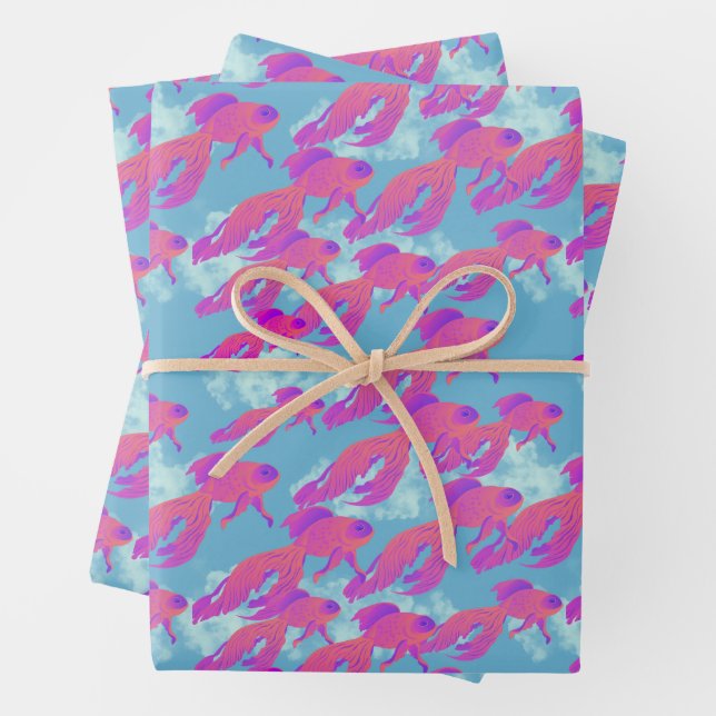 Feuille De Papier Cadeau Hot rose et orange Flying Beta Fish Blue Sky (En situation)