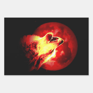 Feuille De Papier Cadeau Howling Wolf à Red Night Matte