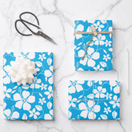 FEUILLE DE PAPIER CADEAU HULA HAÏIENNE (HIBISCUS) BLEU