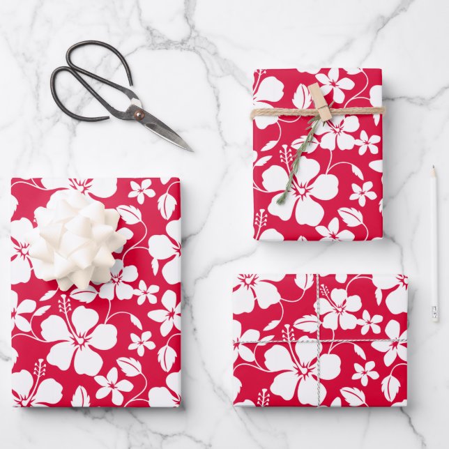 FEUILLE DE PAPIER CADEAU HULA HAÏIENNE (HIBISCUS) ROUGE (Recto)