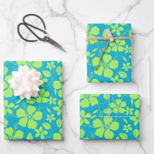 FEUILLE DE PAPIER CADEAU HULA HAWAIEN (HIBISCUS) TILLEUL SARCELLE