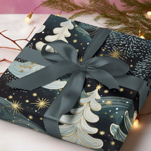 Feuille De Papier Cadeau Hunter Green Gold Brossé Stars Motif de vacances