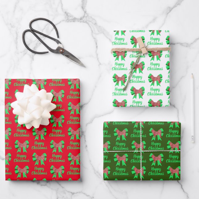 Feuille De Papier Cadeau Husky Siberian Christmas Chien & Green Bow 3 Coule (Recto)