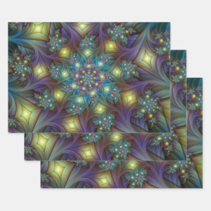 Feuille De Papier Cadeau Illuminé Abstrait brillant Turquoise violet Fracta