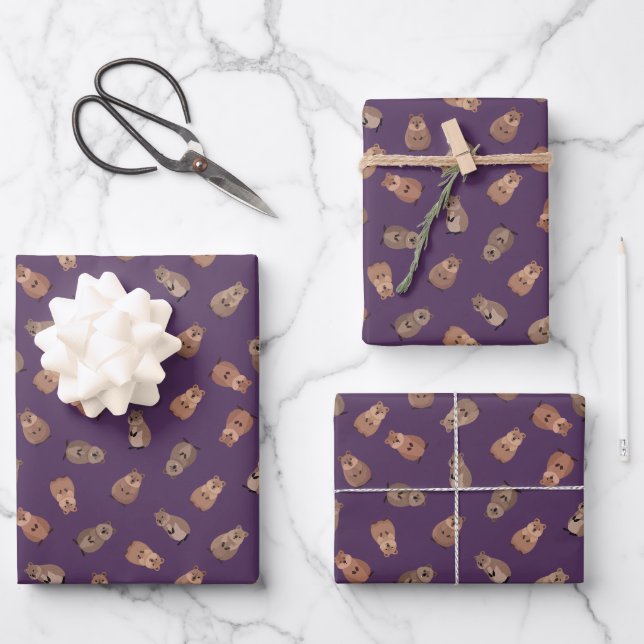 Feuille De Papier Cadeau Illustrated Quokkas on Dark Purple (Recto)