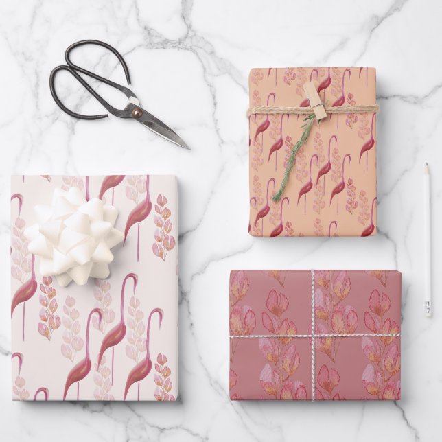 Feuille De Papier Cadeau Illustration de Flamants roses d'aquarelle rose (Recto)