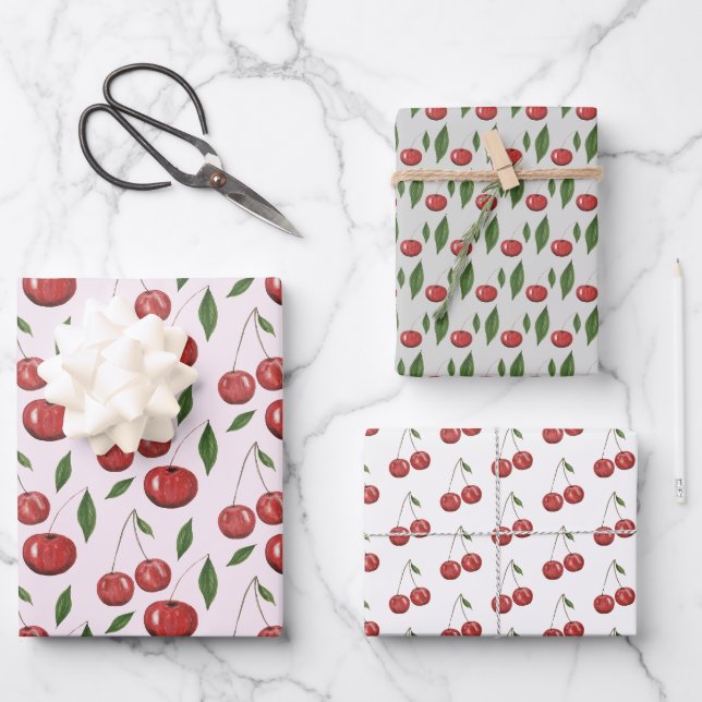 Feuille De Papier Cadeau Illustration de l'aquarelle des cerises douces (Recto)
