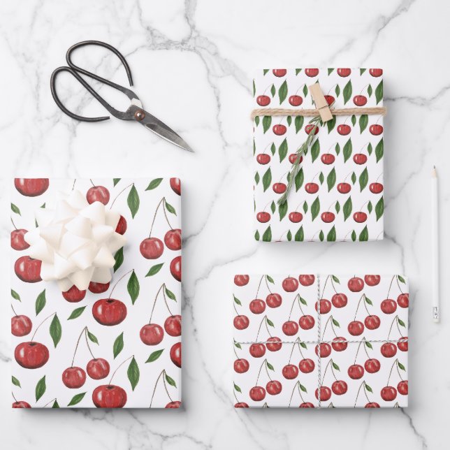Feuille De Papier Cadeau Illustration de l'aquarelle des cerises douces (Recto)