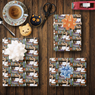 Feuille De Papier Cadeau Illustration d'une étagère à livres avec des chats