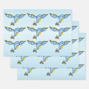 Feuille De Papier Cadeau Imaginaire Joli Flying Bluebird Yellow Scroll Tail