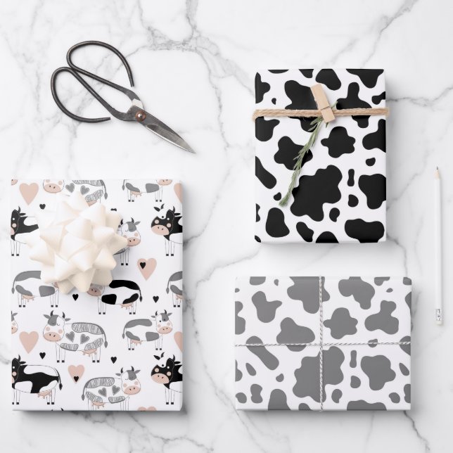 Feuille De Papier Cadeau Impression de vaches et de vaches de dessin (Recto)