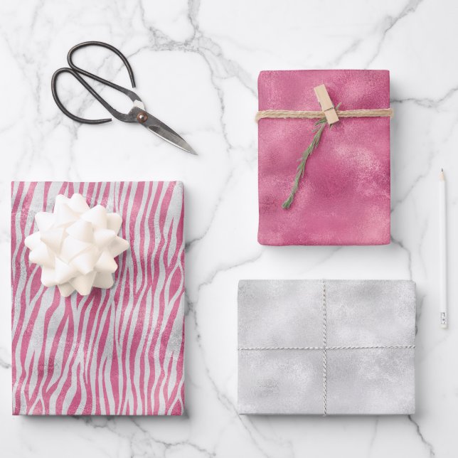 Feuille De Papier Cadeau Impression Zebra en argent rose Girl (Recto)