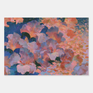 Feuille De Papier Cadeau Impressionniste floral rouge et laiton