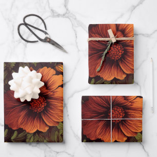 Feuille De Papier Cadeau Imprimé floral vintage couleur rouille