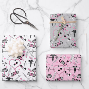 Feuille De Papier Cadeau Infirmière stéthoscope rose mou  Motif Dr EKG