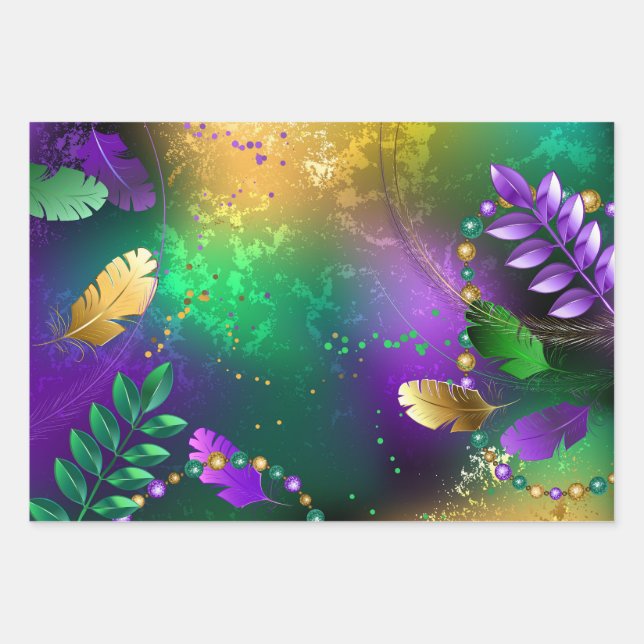 Feuille De Papier Cadeau Iridescente mardi gras arrière - plan avec perles (Devant)