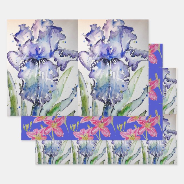 Feuille De Papier Cadeau Iris pourpre iris fleurs Aquarelle Peinture Art (Lot)
