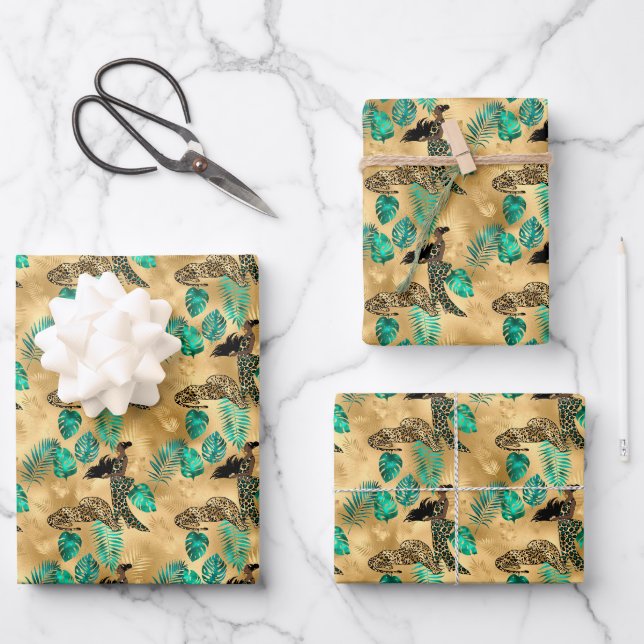 Feuille De Papier Cadeau Jade Green et Gold Foil Empreinte de léopard (Recto)