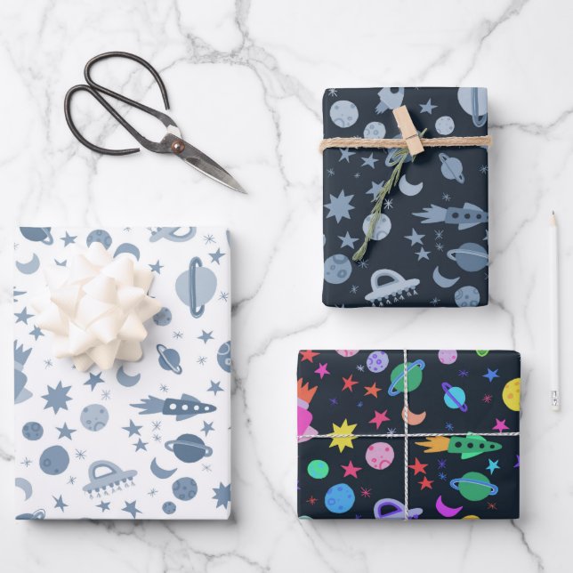 Feuille De Papier Cadeau J'Ai Besoin D'Espace UFO Rocket Planet Motif migne (Recto)