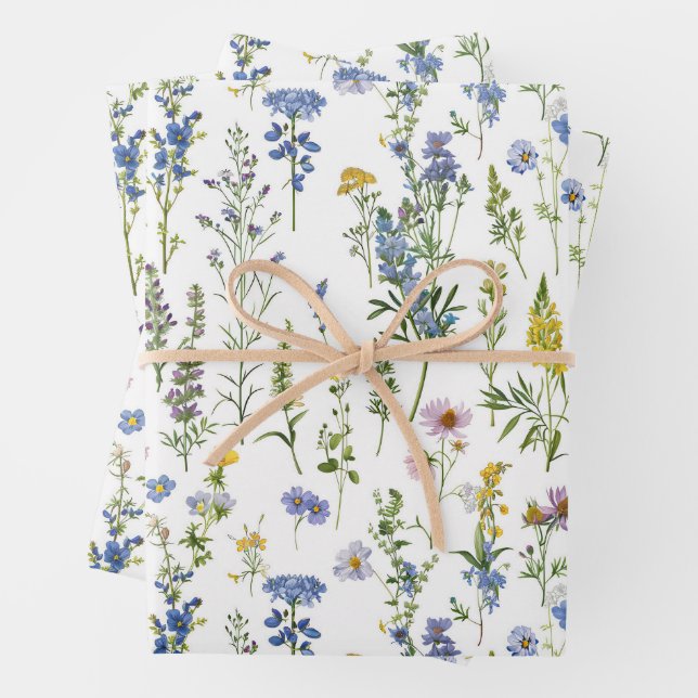 Feuille De Papier Cadeau Jardin Bleu Fleur sauvage Motif (En situation)