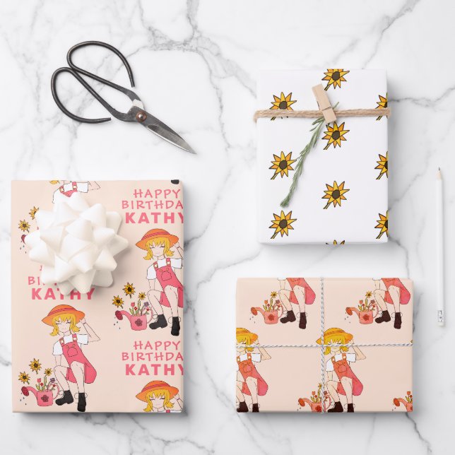 Feuille De Papier Cadeau Jardin fille avec tournesol Joyeux anniversaire (Recto)
