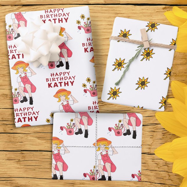 Feuille De Papier Cadeau Jardin fille avec tournesol Joyeux anniversaire (Créateur téléchargé)
